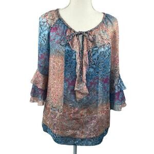 Diane Von Furstenburg Silk Blue Pink Peelo Blouse Size 4 Sheer Chiffon